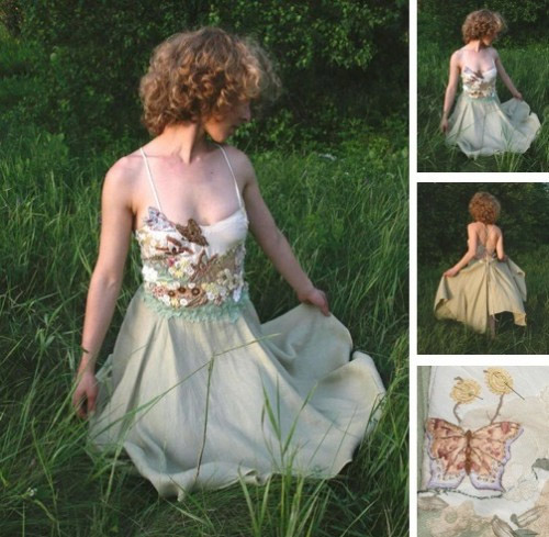 Farfalla custom wedding dress, eco friendly green hemp silk skirt 