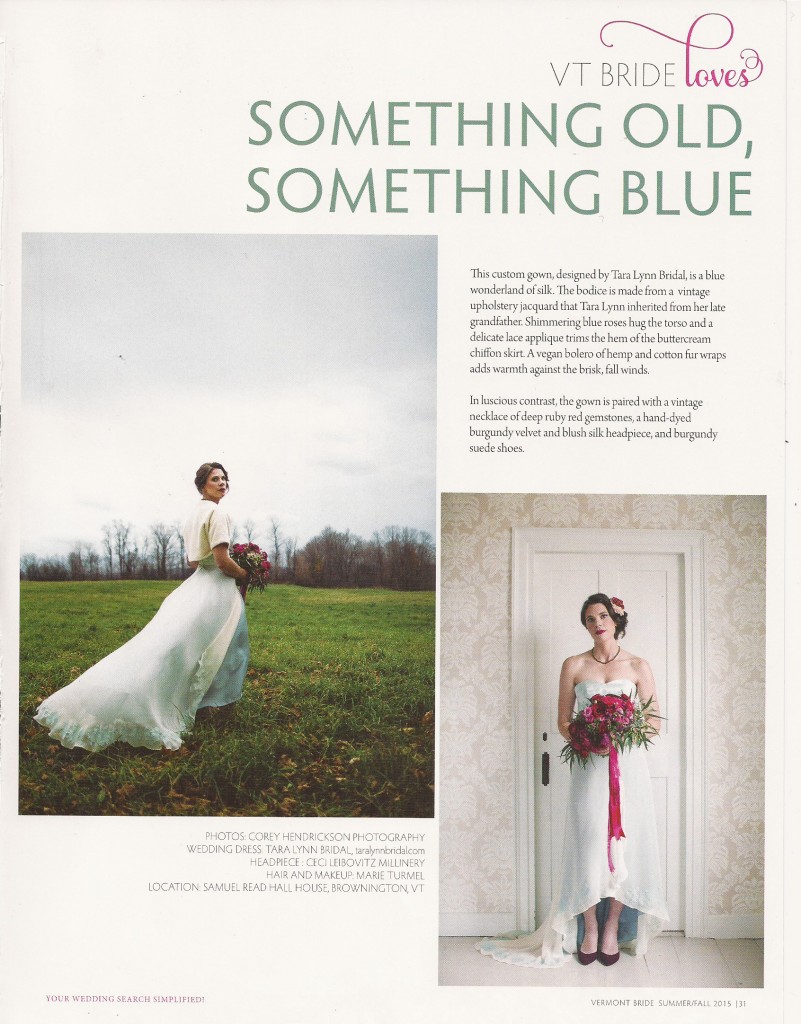 Vermont Bride Magazine, Tara Lynn Bridal, Blue Wedding Dress, Vermont Wedding